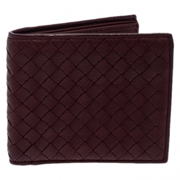 Pre Owned Bottega Veneta Burgundy Intreciatto Leather Bifold Wallet