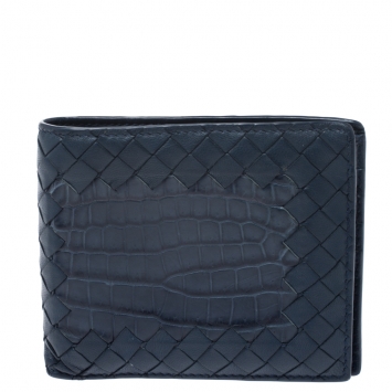 Pre Owned Bottega Veneta Blue Intrecciato Leather and Crocodile Bifold Wallet