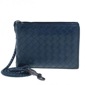 Pre Owned Bottega Veneta Navy Blue Intrecciato Leather Compact Wallet