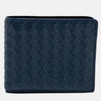 Pre Owned Bottega Veneta Blue Intrecciato Leather Bifold Wallet