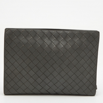 Pre Owned Bottega Veneta Grey Intrecciato Leather Zip Wristlet Clutch