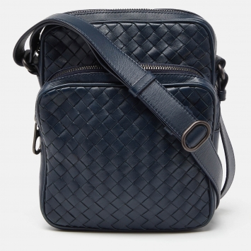 Pre Owned Bottega Veneta Blue Intrecciato Leather Messenger Bag