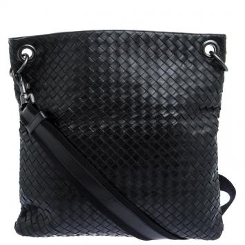 Pre Owned Bottega Veneta Black Intrecciato Leather Messenger Bag