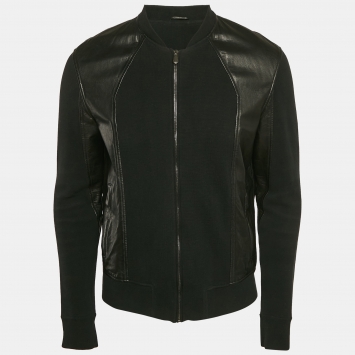 Pre Owned Bottega Veneta Black Leather and Knit Zip-UP Jacket XL