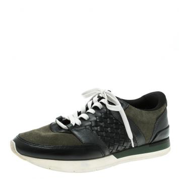 Pre Owned Bottega Veneta Black Intrecciato Leather and Green Suede Sneakers Size 40