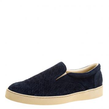 Pre Owned Bottega Veneta Oxford Blue Intrecciato Suede Slip On Sneakers Size 43
