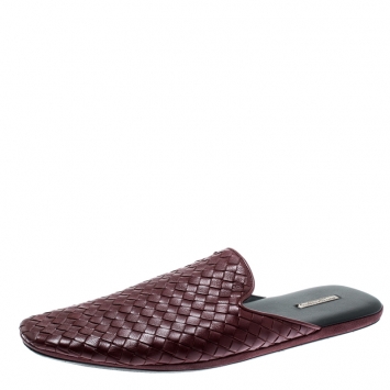 Pre Owned Bottega Veneta Burgundy Intrecciato Leather Espresso Fiandra Mules Size 43