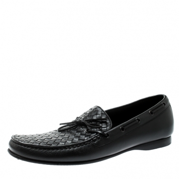 Pre Owned Bottega Veneta Black Intrecciato Leather Loafers Size 45