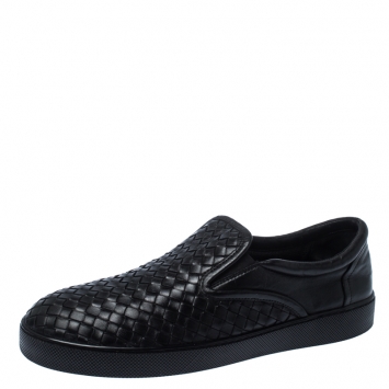 Pre Owned Bottega Veneta Black Intrecciato Leather Dodger Slip-on Sneakers Size 44 