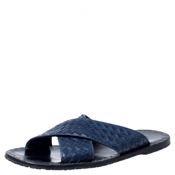 Pre Owned Bottega Veneta Blue Intreciato Leather Flat Sandals Size 43
