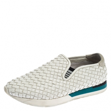 Pre Owned  Bottega Veneta White Intrecciato Leather Slip On Sneakers Size 41