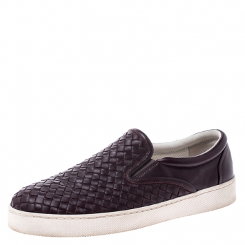Pre Owned Bottega Veneta Burgundy Intrecciato Leather Slip On Sneakers Size 42
