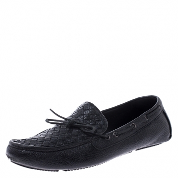 Pre Owned Bottega Veneta Black Leather Wave Driver Intrecciato Detail Moccasins Size 43