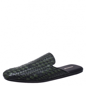 Pre Owned Bottega Veneta Green/Dark Grey Intrecciato Leather Fiandra Mules Size 42