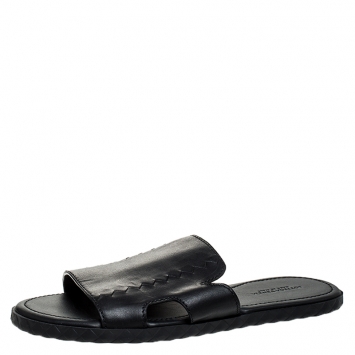 Pre Owned Bottega Veneta Black Leather Zig Zag Inlay Detail Plage Slip On Sandals Size 42