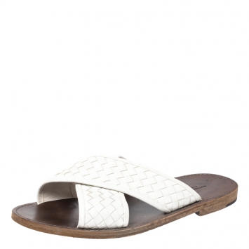 Pre Owned Bottega Veneta White Criss Cross Intrecciato Leather Flat Slides Size 43