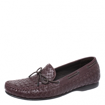 Pre Owned Bottega Veneta Burgundy Intrecciato Leather Bow Loafers Size 42.5