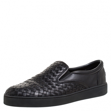 Pre Owned Bottega Veneta Black Intrecciato Leather Dodger Slip-on Sneakers Size 42