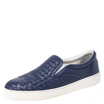Pre Owned Bottega Veneta Dark Blue Intrecciato Leather Slip On Sneakers Size 42