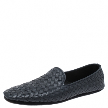 Pre Owned Bottega Veneta Blue Intrecciato Leather Smoking Slippers Size 40.5