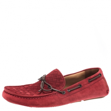 Pre Owned Bottega Veneta Red Intrecciato Suede Bow Slip On Loafers Size 42