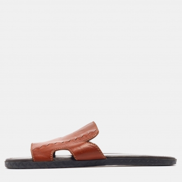 Pre Owned Bottega Veneta Brown Leather Flat Slides Size 43