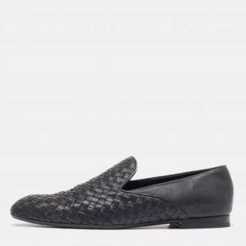 Pre Owned Bottega Veneta Midnight Blue Intrecciato Leather Slip On Loafers Size 45