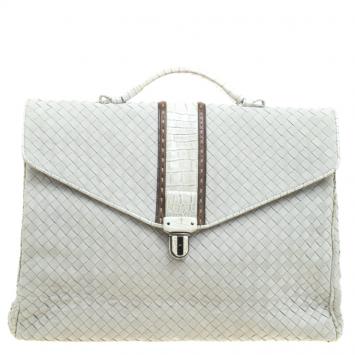 Pre Owned Bottega Veneta Grey Intrecciato Leather Crocodile Trim Briefcase 