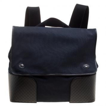 Pre Owned Bottega Veneta Navy Blue/Black Canvas and Intrecciato Leather Backpack 