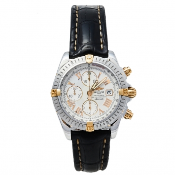 Pre Owned Breitling White 18K Yellow Gold Stainless Steel Leather Chronomat Evolution B13356 Men's Wristwatch 44 mm