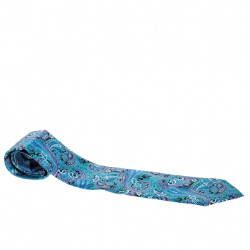 Pre Owned Brioni Turquoise Blue Paisley Foil Print Silk Tie
