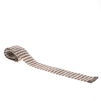 Pre Owned Brunello Cucinelli Brown Striped Linen Knit Flat Bottom Skinny Tie