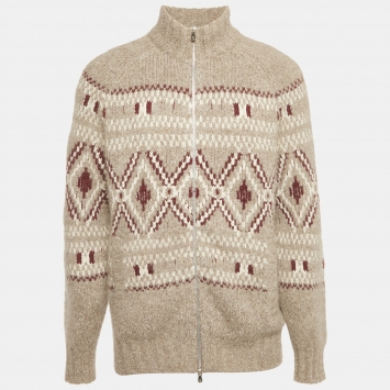 Pre Owned Brunello Cucinelli Grey Fair Isle Knit Zip-Up Cardigan L