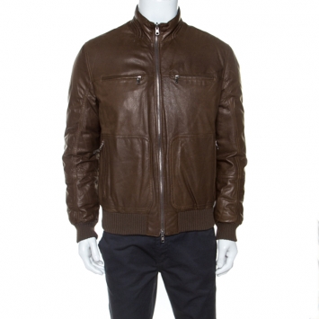 Pre Owned Brunello Cucinelli Brown Leather Bomber Jacket L