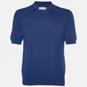 Pre Owned Brunello Cucinelli Blue Cotton Knit Polo Sweater L