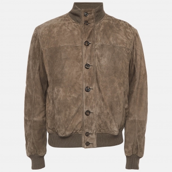 Pre Owned Brunello Cucinelli Brown Ribbed Trim Suede Buttoned Jacket M