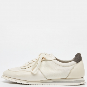 Pre Owned Brunello Cucinelli Beige Knit Fabric and Leather Low Top Sneakers Size 42