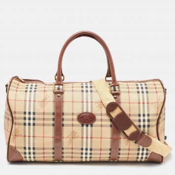 Pre Owned Burberry Brown/Beige Haymarket Coated Canvas and Leather Duffle Bag