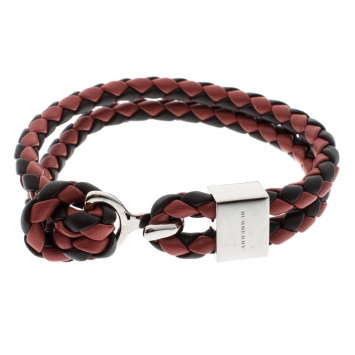Pre Owned Burberry Two Tone Braided Leather Silver Tone Bracelet
