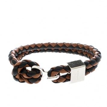 Pre Owned Burberry Brown & Black Braided Leather Silver Tone Bracelet 18cm
