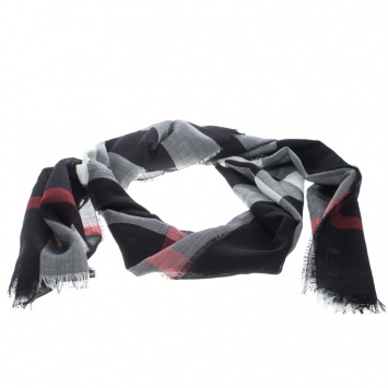 Pre Owned Burberry Navy Blue Wool and Silk Checked Fringed Edge Gauze Scarf