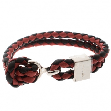 Pre Owned Burberry Two Tone Braided Leather Silver Tone Bracelet