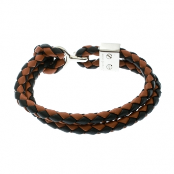 Pre Owned Burberry Two Tone Braided Leather Silver Tone Bracelet