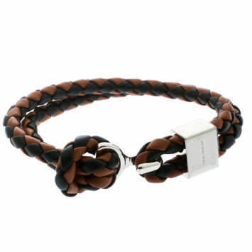 Pre Owned Burberry Two Tone Braided Leather Silver Tone Bracelet
