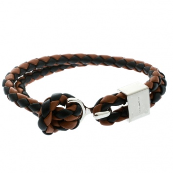 Pre Owned Burberry Two Tone Braided Leather Silver Tone Bracelet