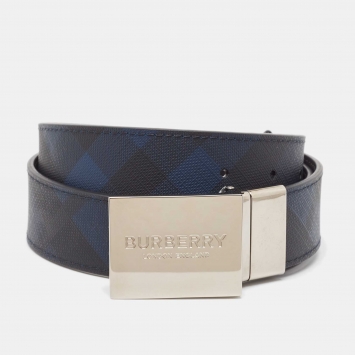 Pre Owned Burberry Blue/Black London Check Coated Canvas and Leather Ble Plague Reversible Belt 85 CM