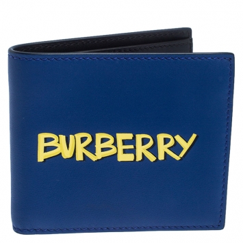 Pre Owned Burberry Blue Graffiti Print Leather Bifold Wallet