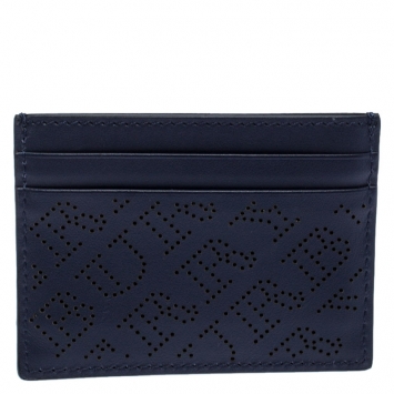 Pre Owned Burberry Navy Blue Perforated Leather Sandon Card Holder