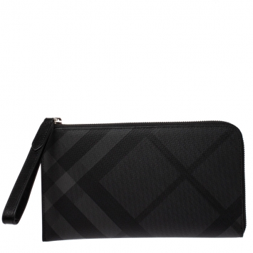Pre Owned Burberry Charcoal Check Coated Canvas Zip Around Nolan Wristlet Wallet