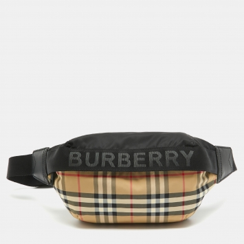 Pre Owned Burberry Black/Beige House Check Nylon Sonny Belt Bag